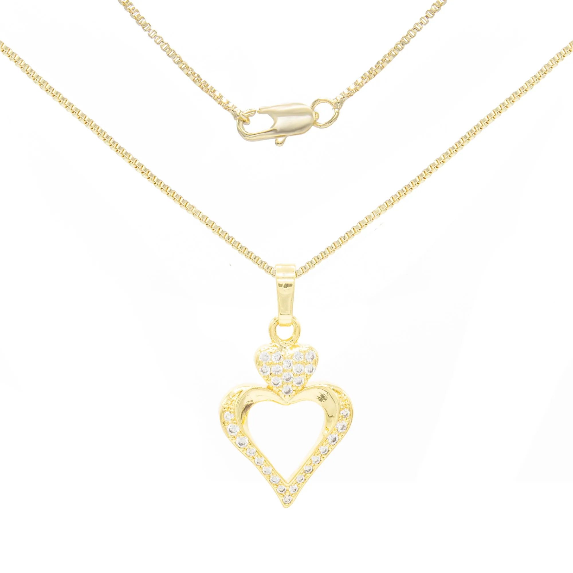 Cubic Zirconia 14K Gold Filled Two Hearts Pendant Necklace Set