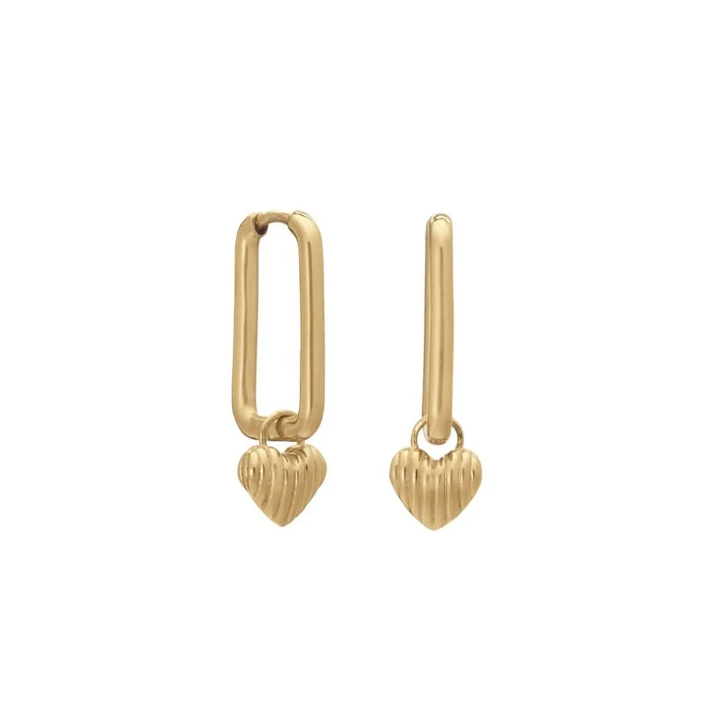 Deco Heart Oval Link Hoop Earrings - Gold - ULE02GP