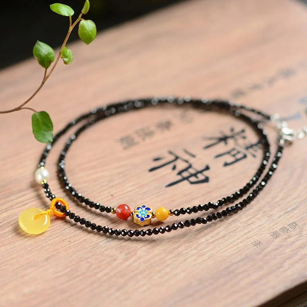 Double Stranded Black Spinel & Natural Crystal Beaded Anklet
