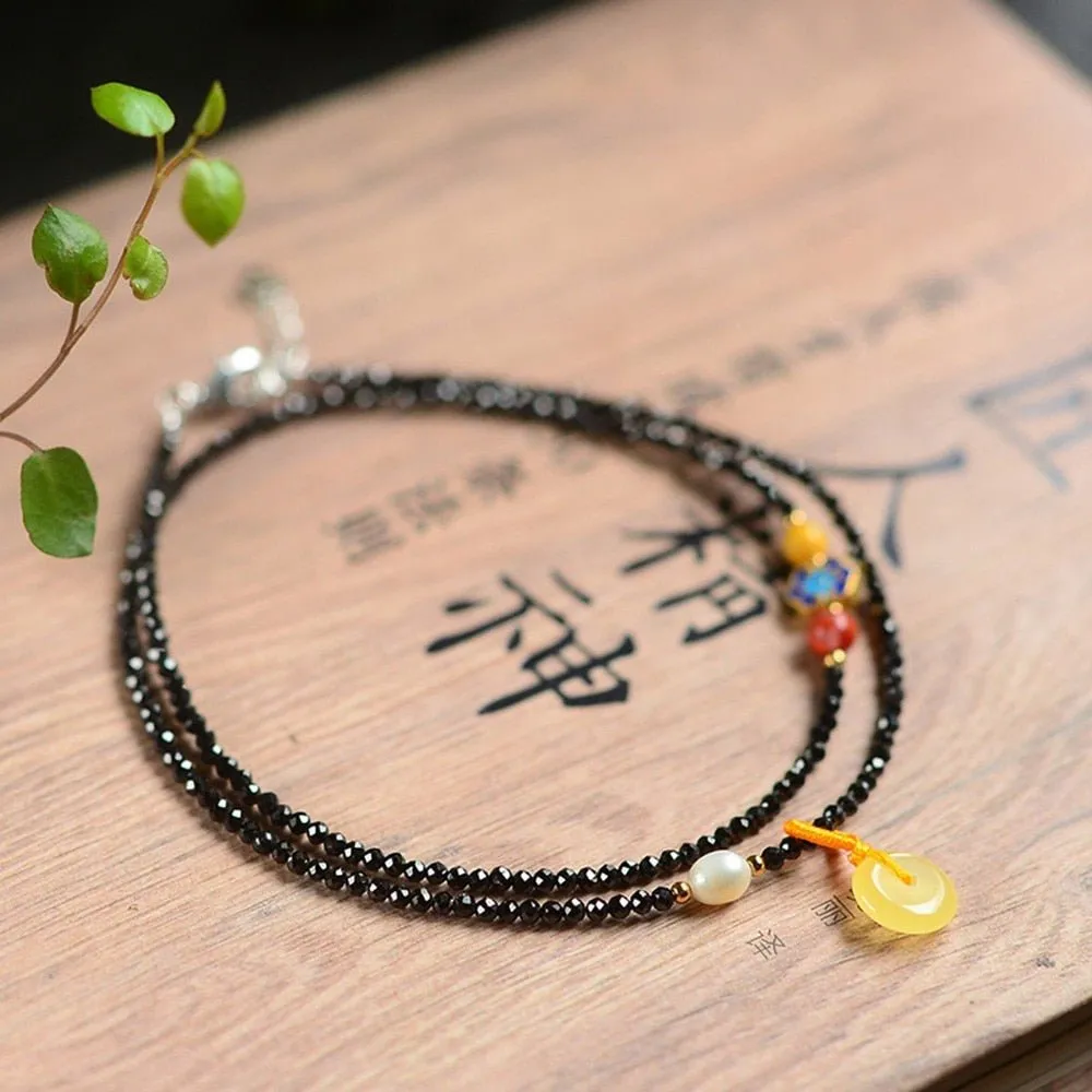 Double Stranded Black Spinel & Natural Crystal Beaded Anklet
