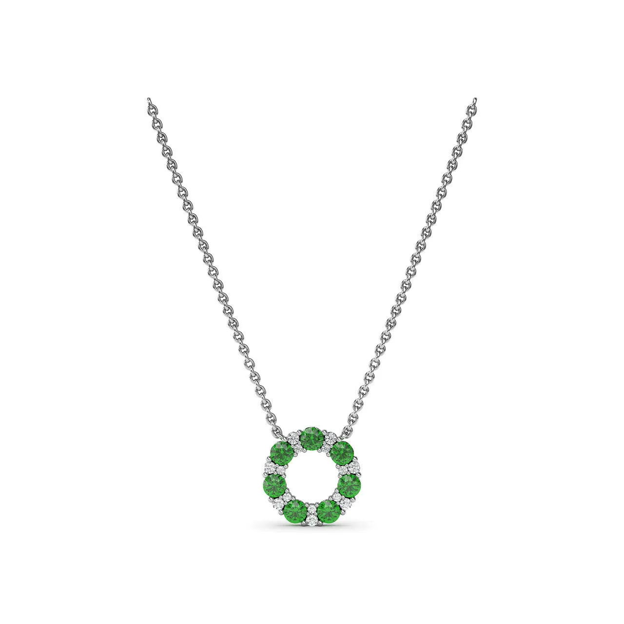 Fana 14k White Gold Shared Prong Emerald and Diamond Circle Necklace