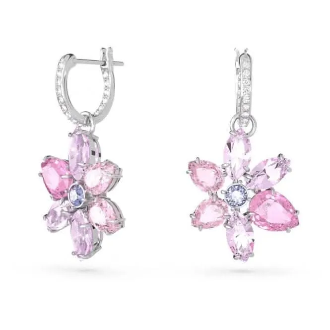 Gema Rhodium Plated Pink Flower Hoop Earrings 5658397