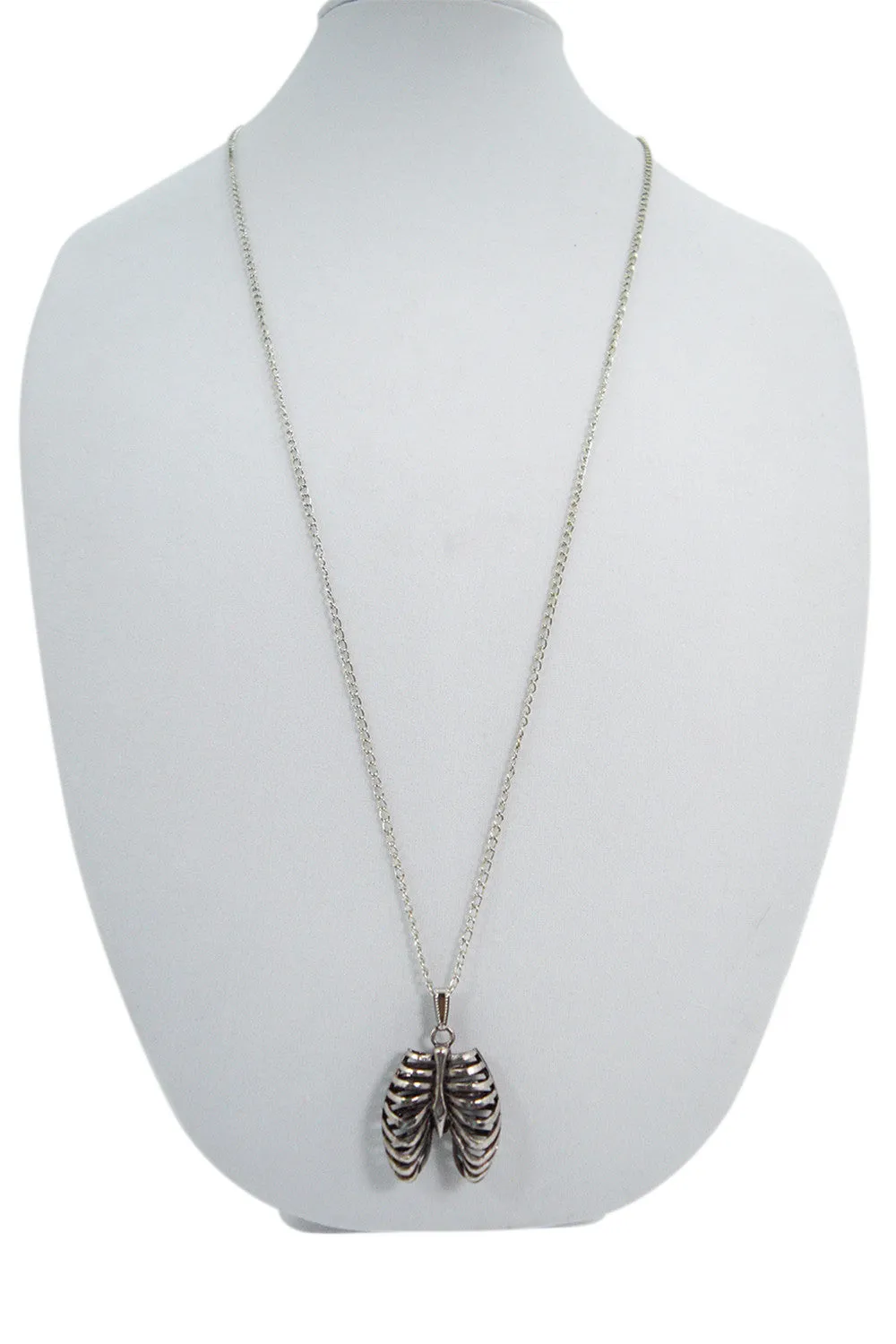 Goth Steampunk Silver Ribcage 3D Pendant Necklace
