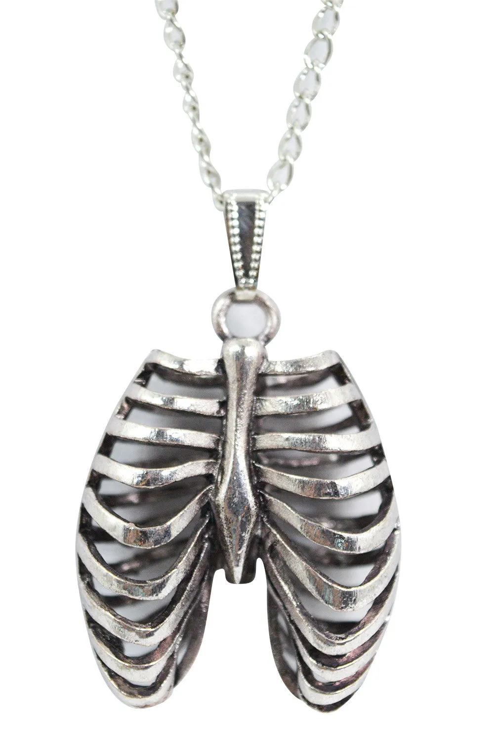 Goth Steampunk Silver Ribcage 3D Pendant Necklace