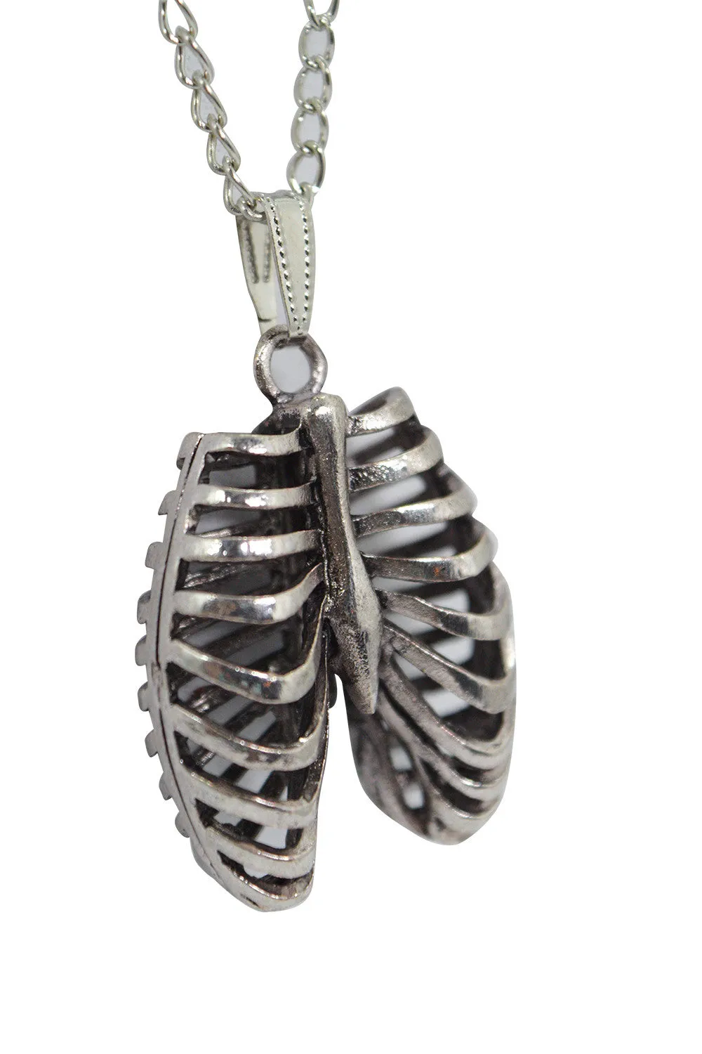 Goth Steampunk Silver Ribcage 3D Pendant Necklace