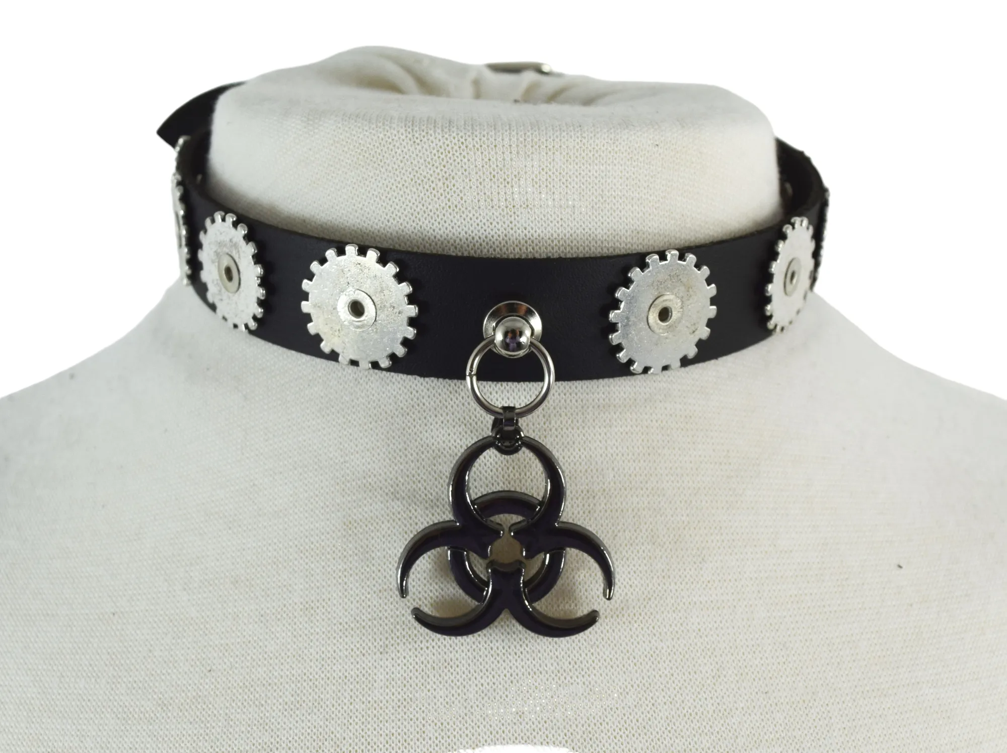 Gothic Steampunk Biohazard Charm cogwheel Studs Leather Choker Collar Necklace