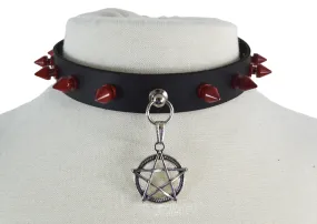 Gothic Steampunk Pentagram Charm Rivet Red Spikes Leather Choker Collar Necklace