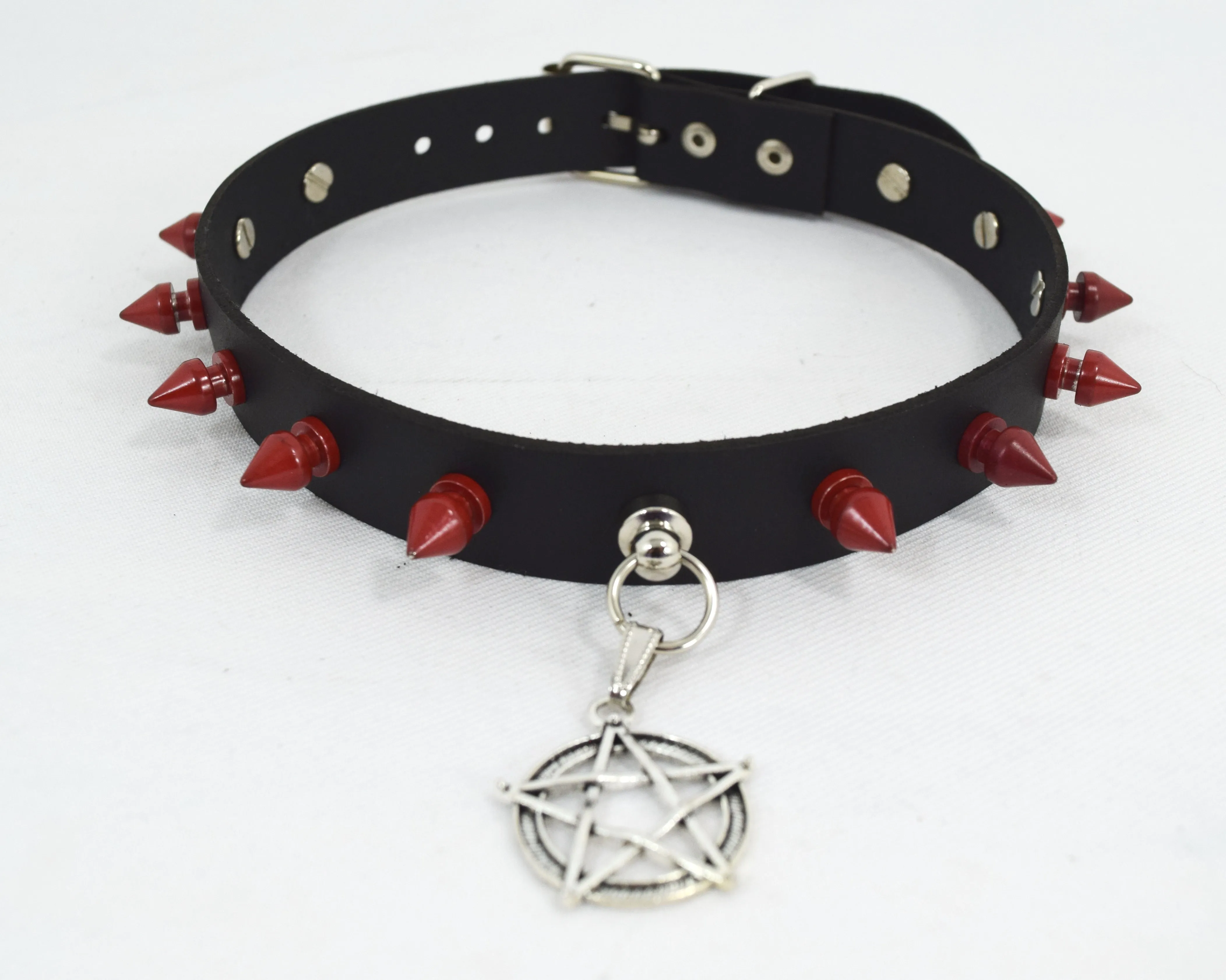 Gothic Steampunk Pentagram Charm Rivet Red Spikes Leather Choker Collar Necklace