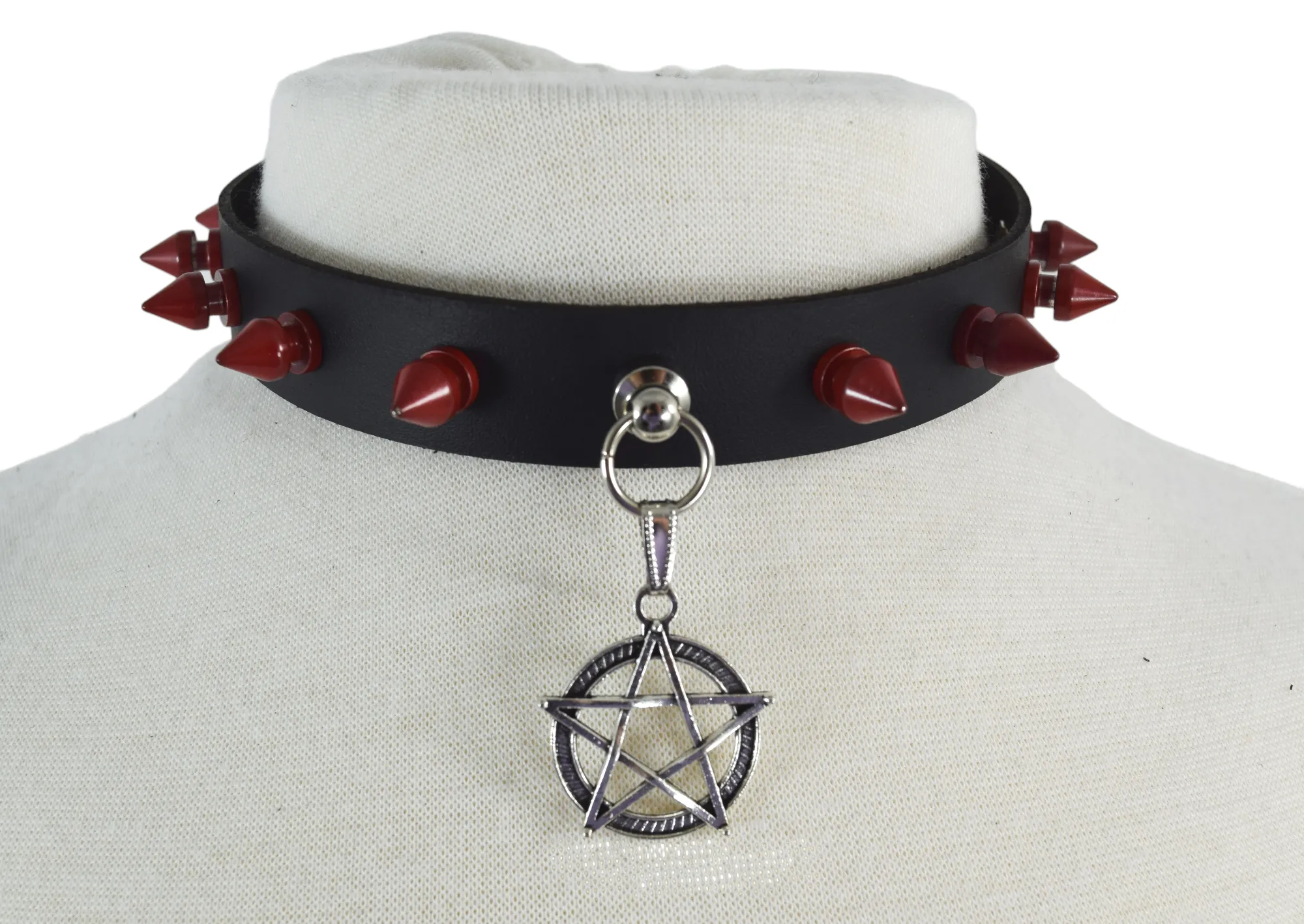 Gothic Steampunk Pentagram Charm Rivet Red Spikes Leather Choker Collar Necklace