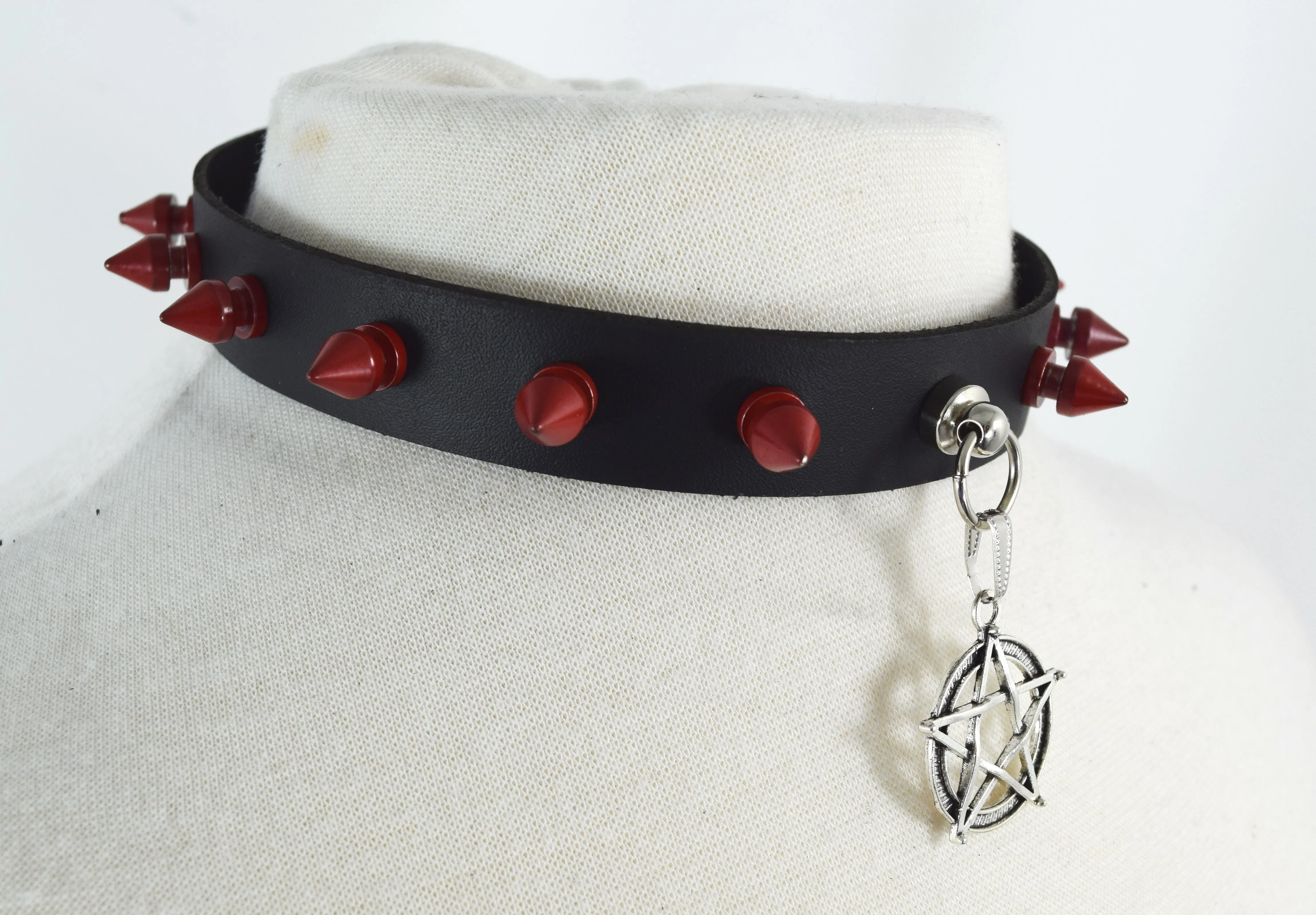 Gothic Steampunk Pentagram Charm Rivet Red Spikes Leather Choker Collar Necklace
