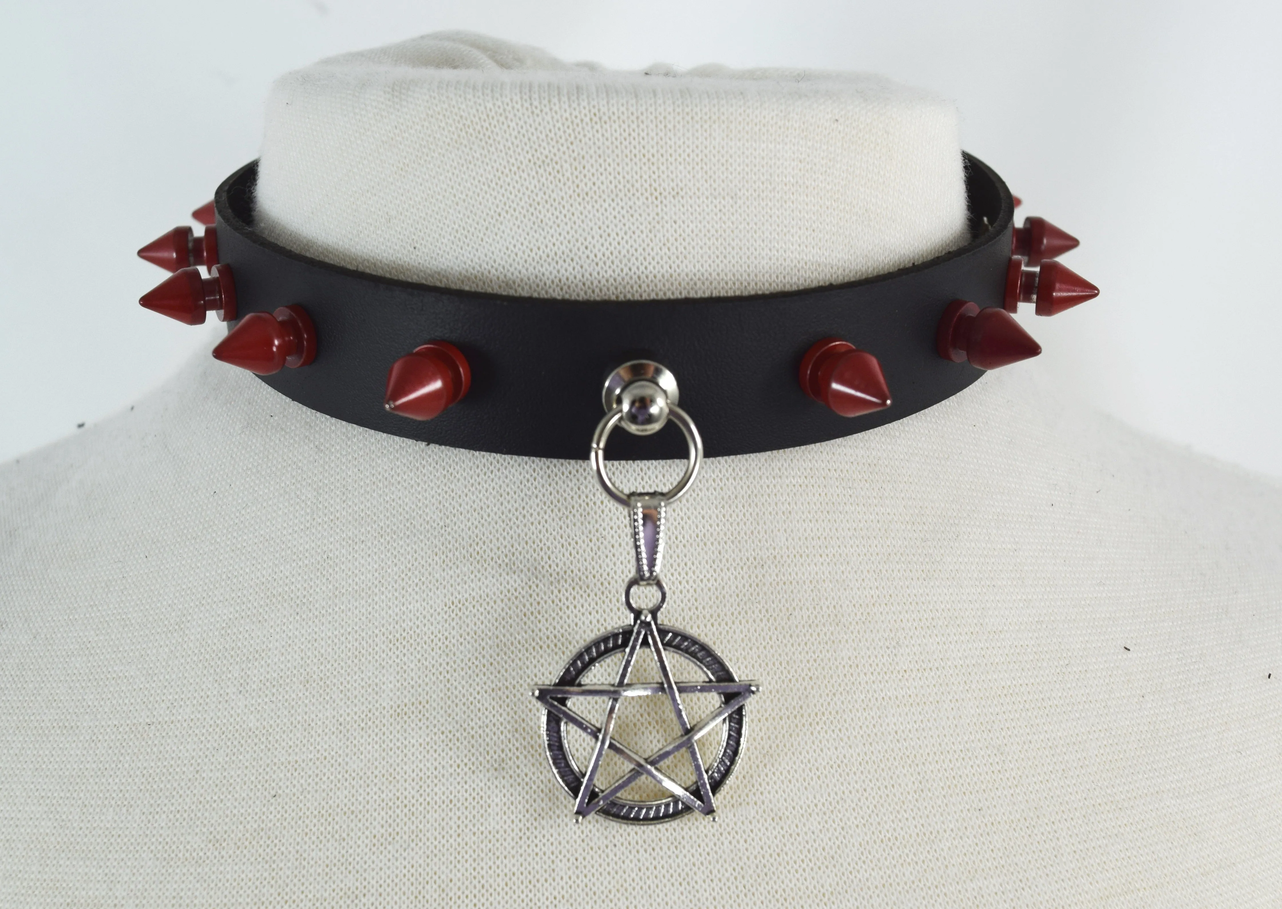Gothic Steampunk Pentagram Charm Rivet Red Spikes Leather Choker Collar Necklace
