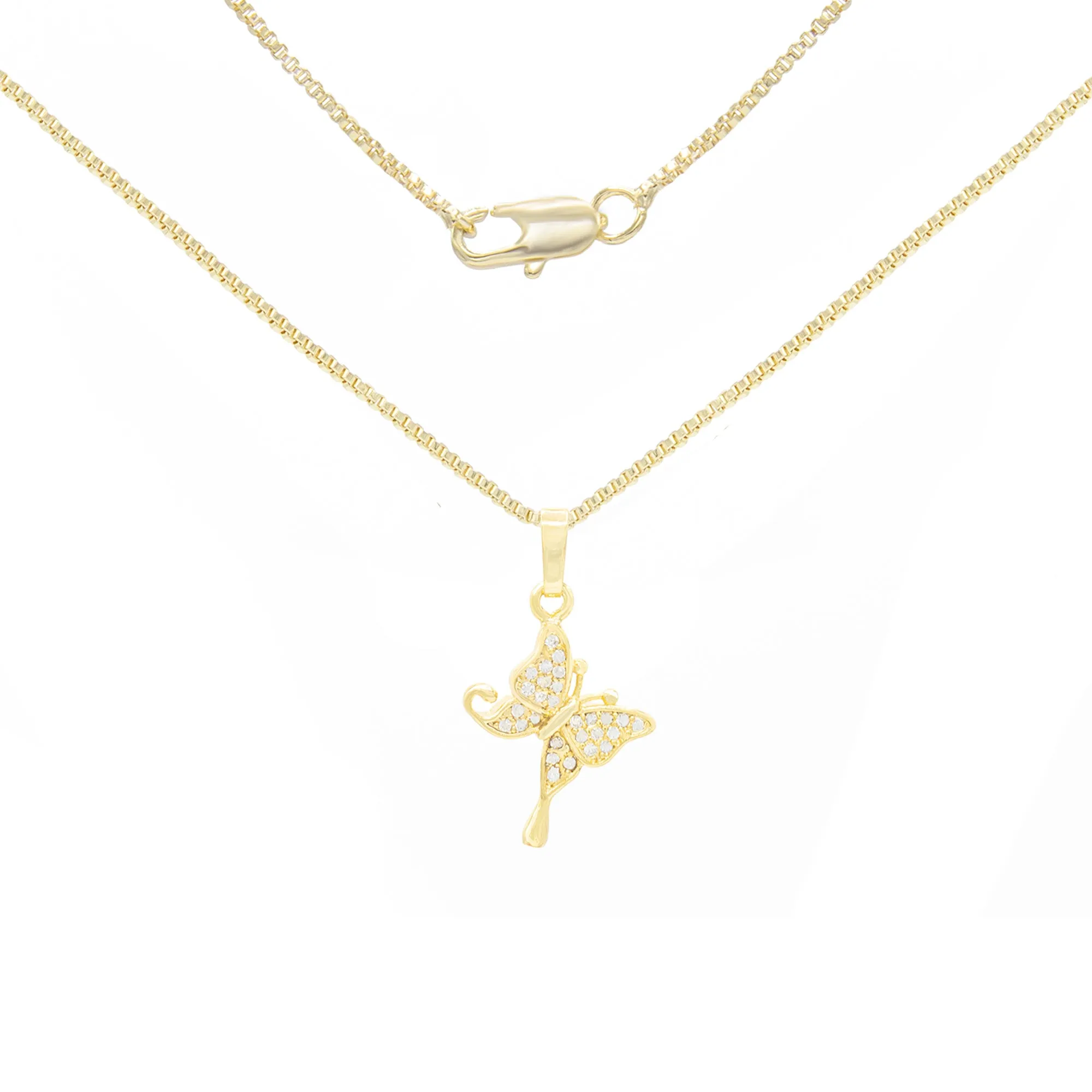 Hanging Butterfly 3 Cubic Zirconia Pendant With 14K Gold Filled Necklace Set