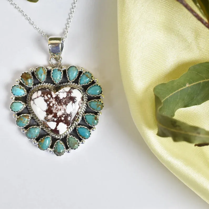 Heart Shaped Wild Horse & Turquoise Native American  925 Sterling Silver Pendant