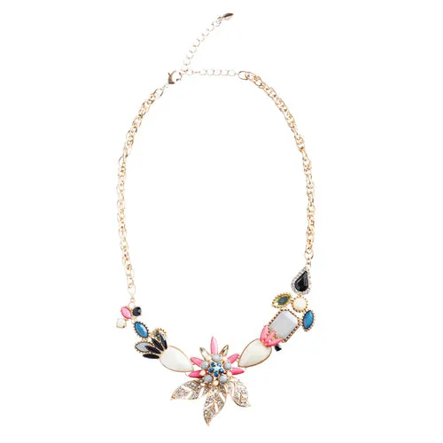 Intricate Design Crystal Rhinestone Beautiful Flower Charm Necklace N74 Ivory