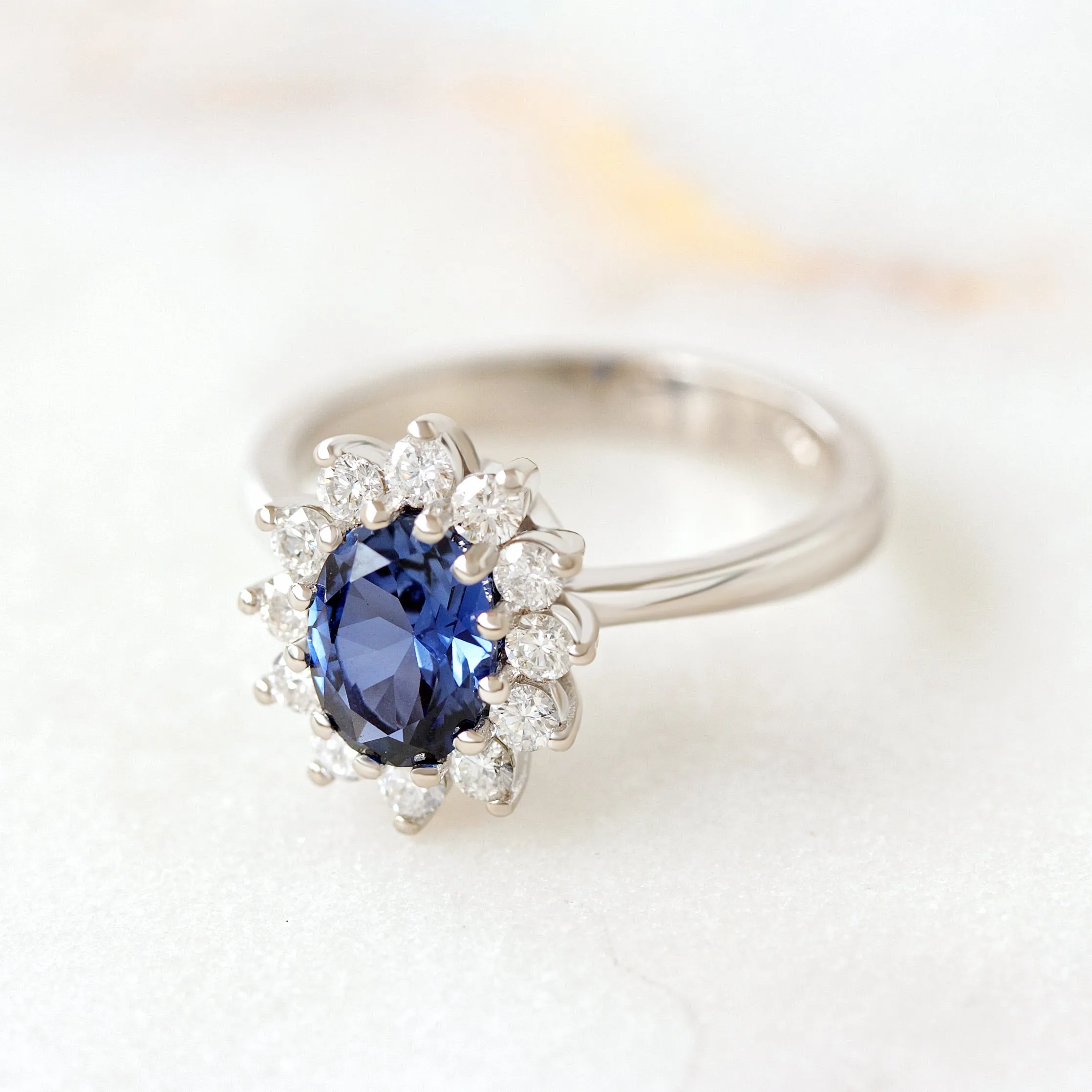 Lab Grown Oval Blue Sapphire & Diamonds Engagement Ring Basic