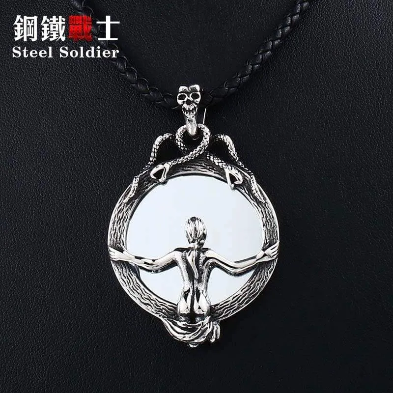 Magic Mirror Men Pendant Necklace with Stainless Steel Snake Wrapped Skull Clasp Chain Sexy women