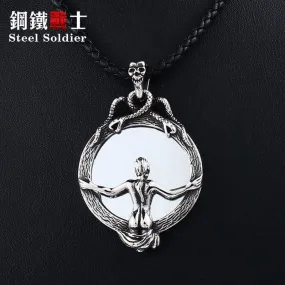 Magic Mirror Men Pendant Necklace with Stainless Steel Snake Wrapped Skull Clasp Chain Sexy women