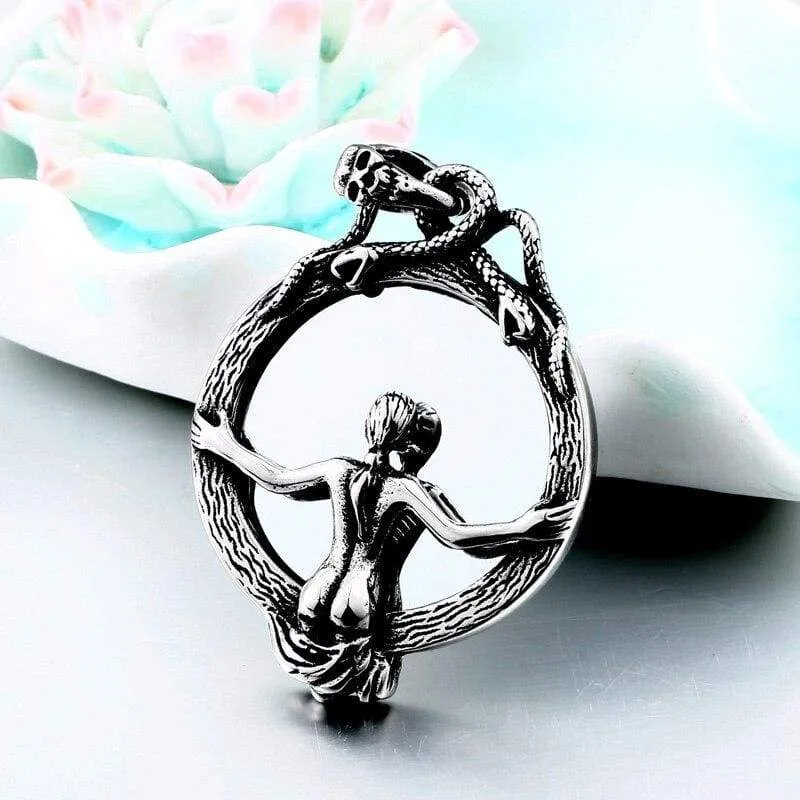 Magic Mirror Men Pendant Necklace with Stainless Steel Snake Wrapped Skull Clasp Chain Sexy women