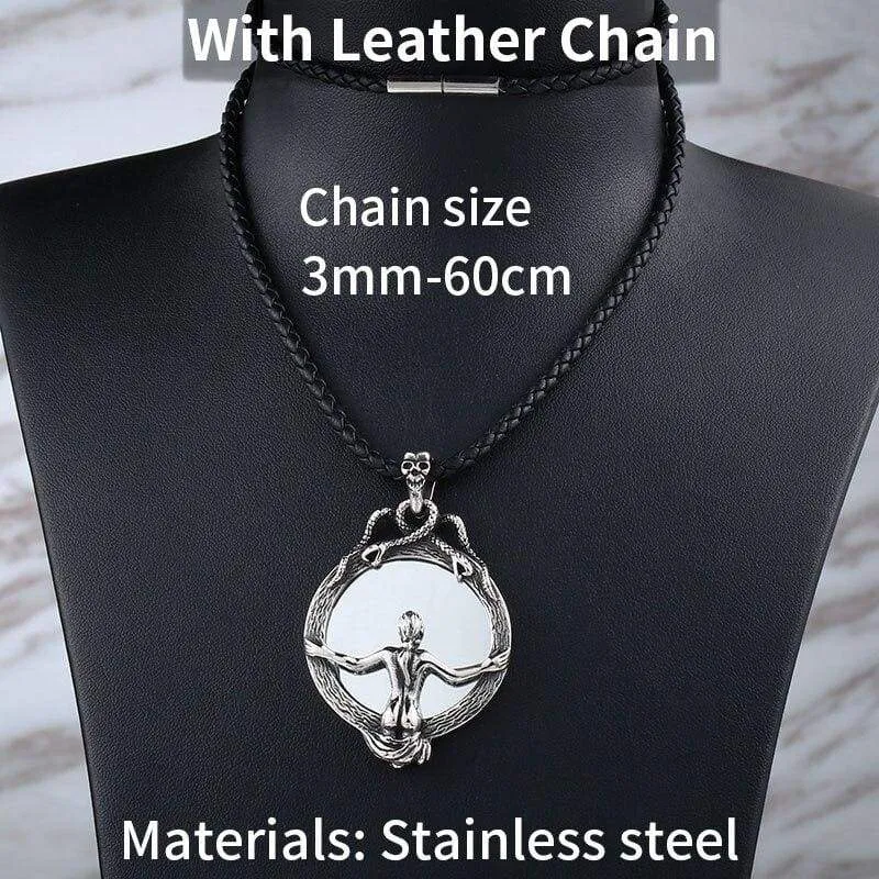 Magic Mirror Men Pendant Necklace with Stainless Steel Snake Wrapped Skull Clasp Chain Sexy women