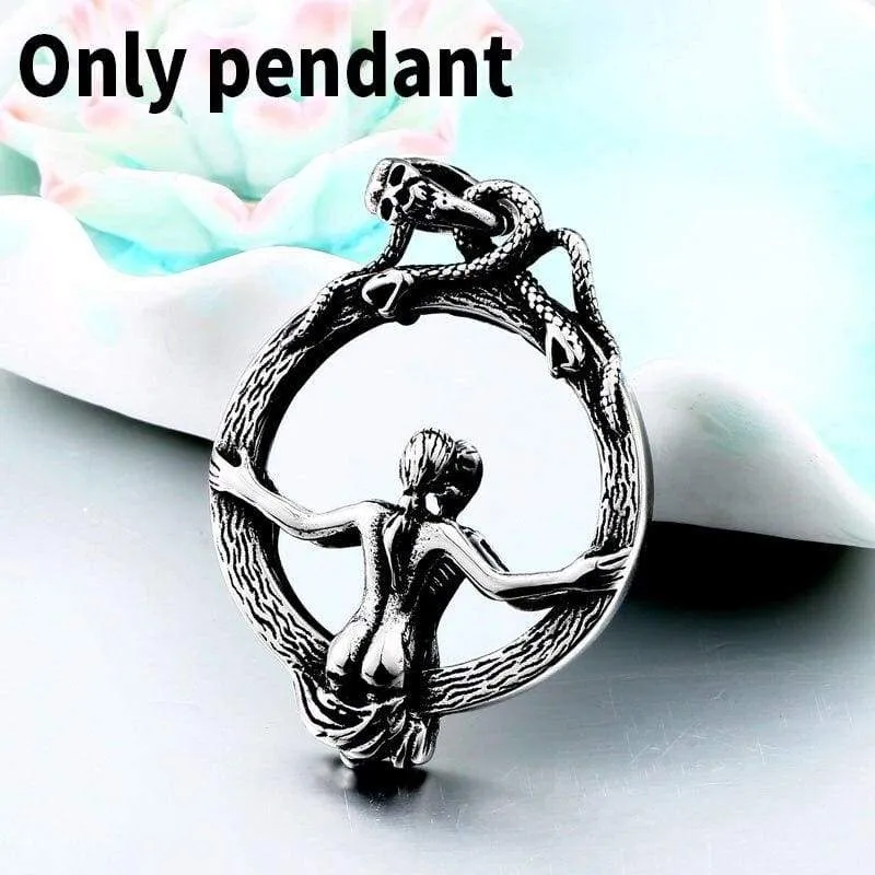 Magic Mirror Men Pendant Necklace with Stainless Steel Snake Wrapped Skull Clasp Chain Sexy women
