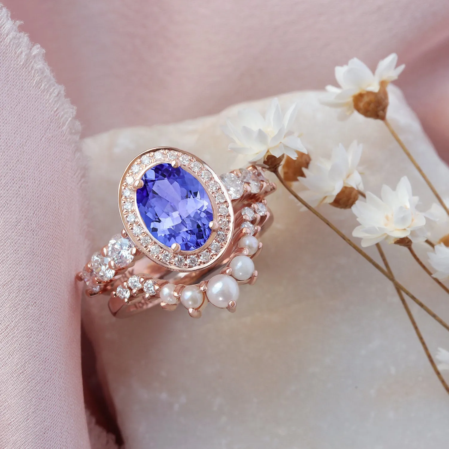 Oval Tanzanite, Diamond and Pearls, Wedding Three Rings Set, Scarlett ♥