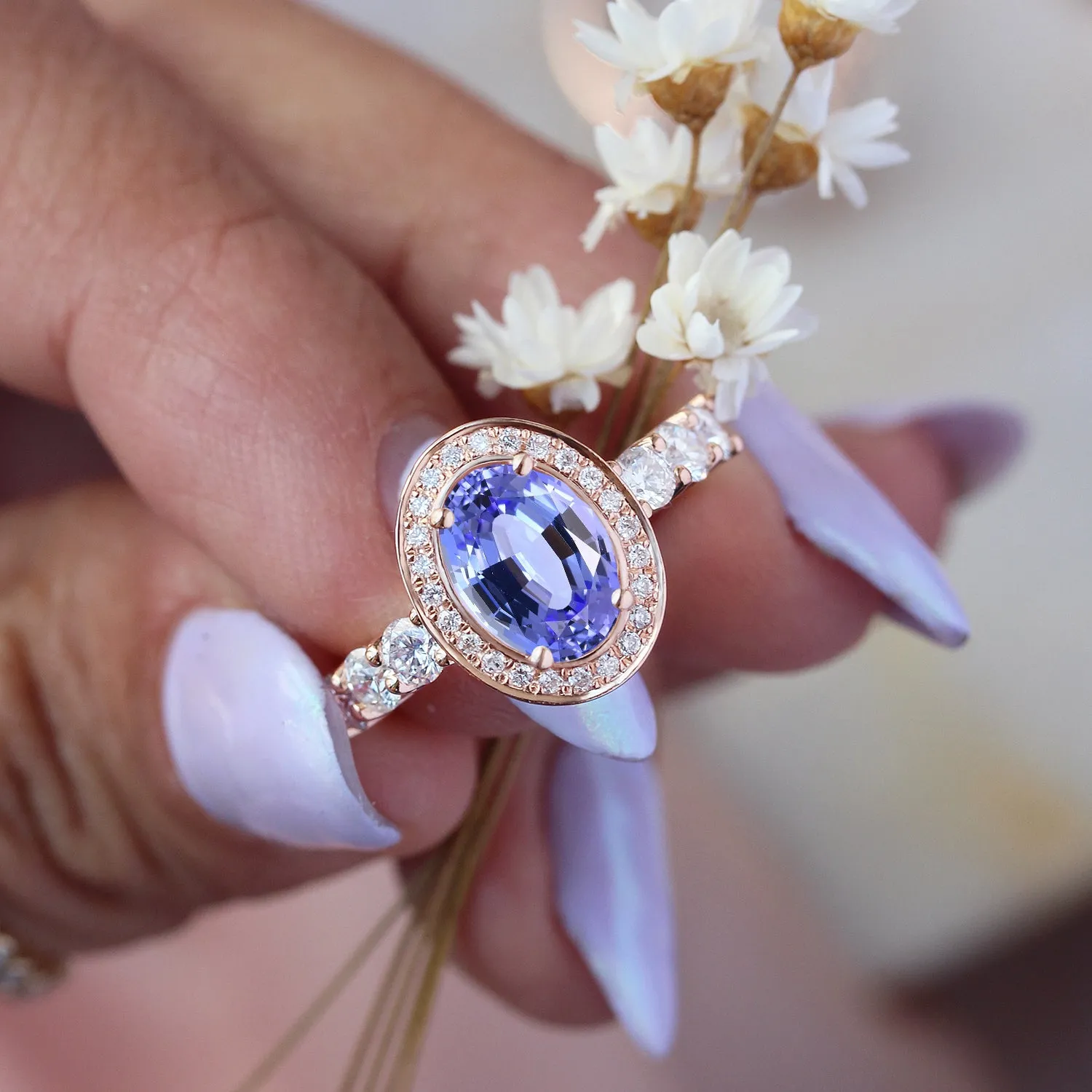 Oval Tanzanite, Diamond and Pearls, Wedding Three Rings Set, Scarlett ♥