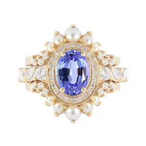 Oval Tanzanite, Diamond and Pearls, Wedding Three Rings Set, Scarlett ♥