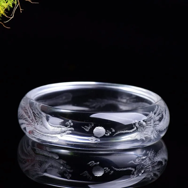 Stunning White Quartz Bangle with Etched Dragon & Phoenix 54-63mm