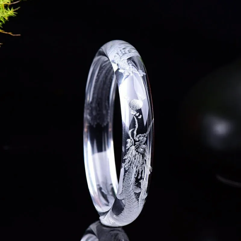 Stunning White Quartz Bangle with Etched Dragon & Phoenix 54-63mm