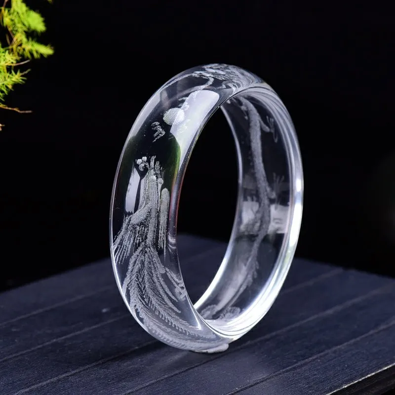 Stunning White Quartz Bangle with Etched Dragon & Phoenix 54-63mm