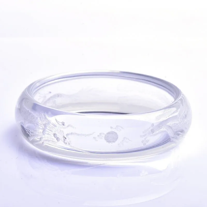 Stunning White Quartz Bangle with Etched Dragon & Phoenix 54-63mm