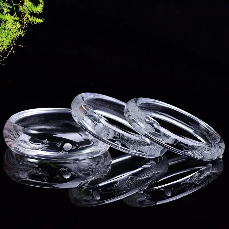 Stunning White Quartz Bangle with Etched Dragon & Phoenix 54-63mm
