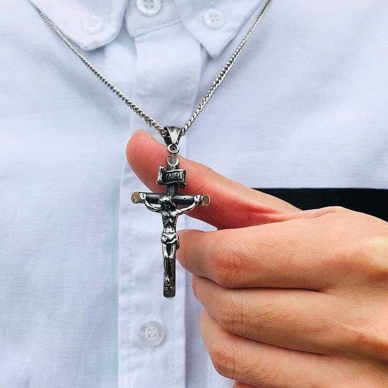 Vantage Men's Crucifix Necklace Ancient Silver Stainless Steel Italian Chain Charm Cross Pendant Jewelry