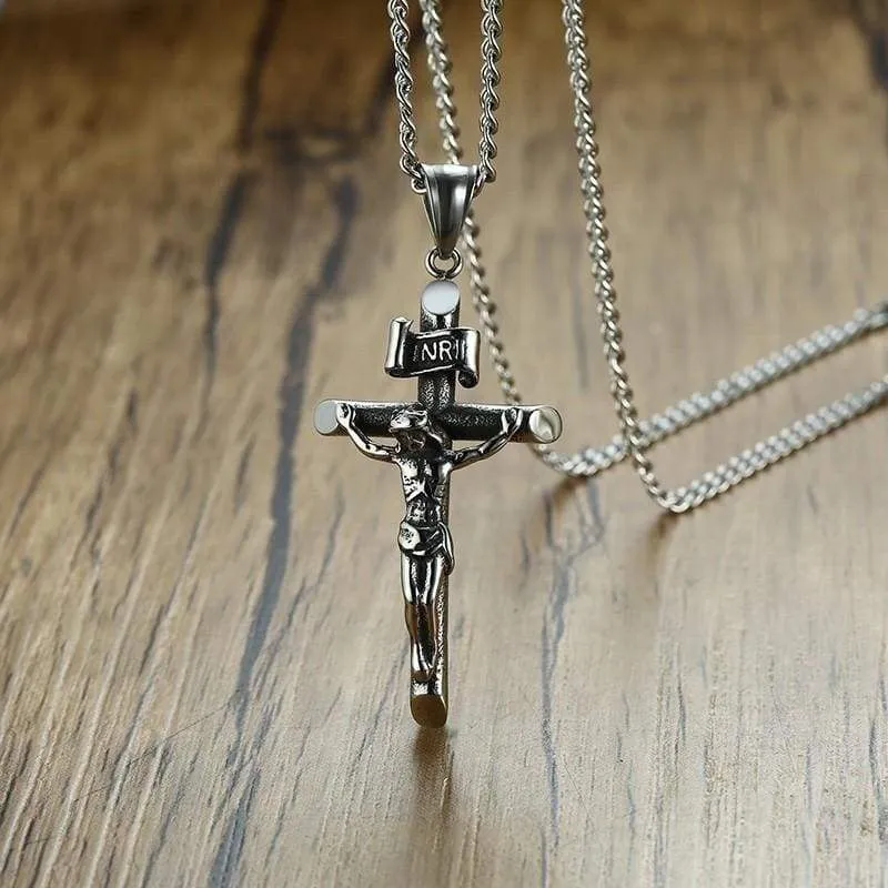 Vantage Men's Crucifix Necklace Ancient Silver Stainless Steel Italian Chain Charm Cross Pendant Jewelry