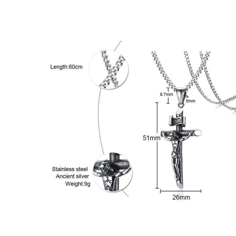 Vantage Men's Crucifix Necklace Ancient Silver Stainless Steel Italian Chain Charm Cross Pendant Jewelry