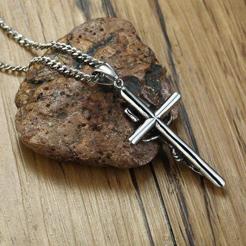 Vantage Men's Crucifix Necklace Ancient Silver Stainless Steel Italian Chain Charm Cross Pendant Jewelry