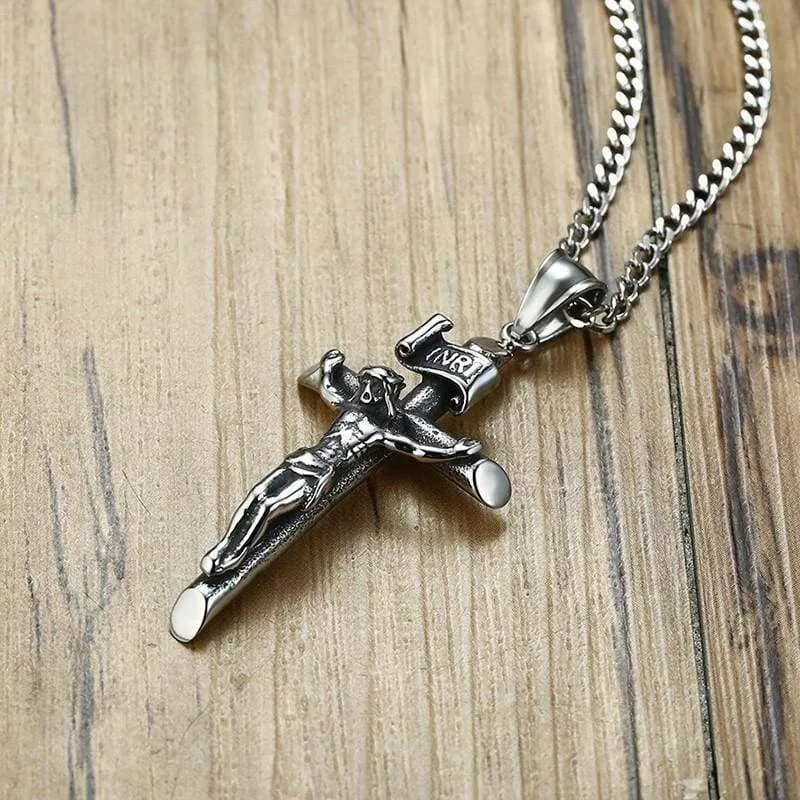 Vantage Men's Crucifix Necklace Ancient Silver Stainless Steel Italian Chain Charm Cross Pendant Jewelry