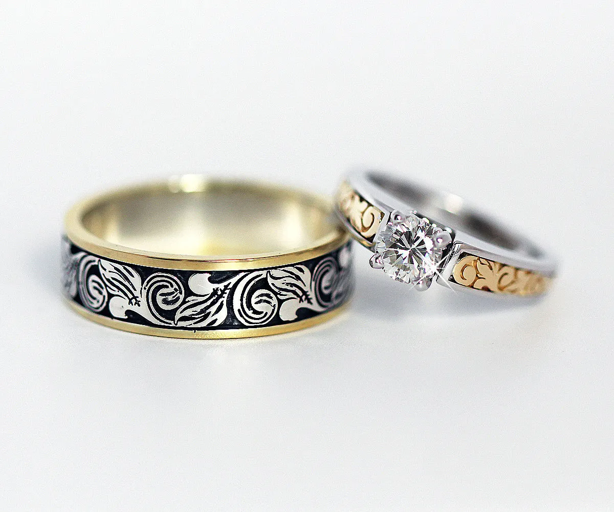 Vintage Engraved Two Tone Wedding Ring