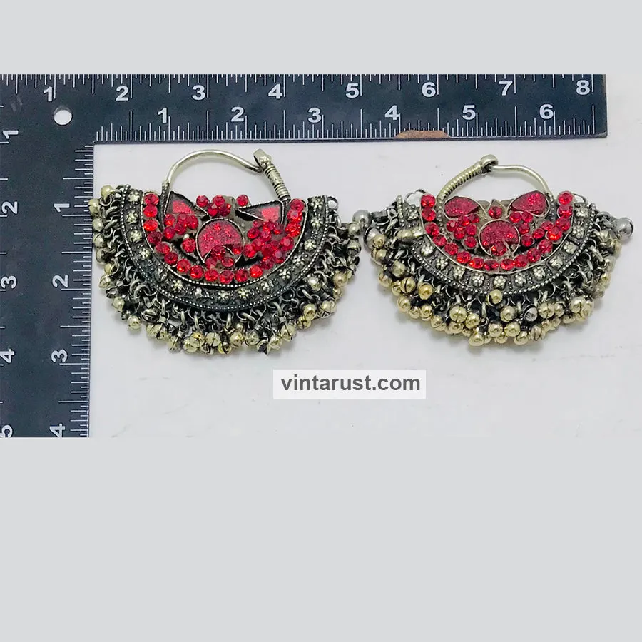 Vintage Hoop Red Glass Stone Earrings