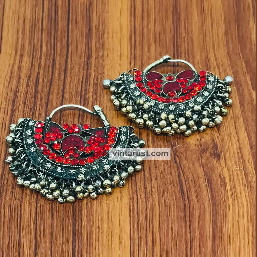 Vintage Hoop Red Glass Stone Earrings