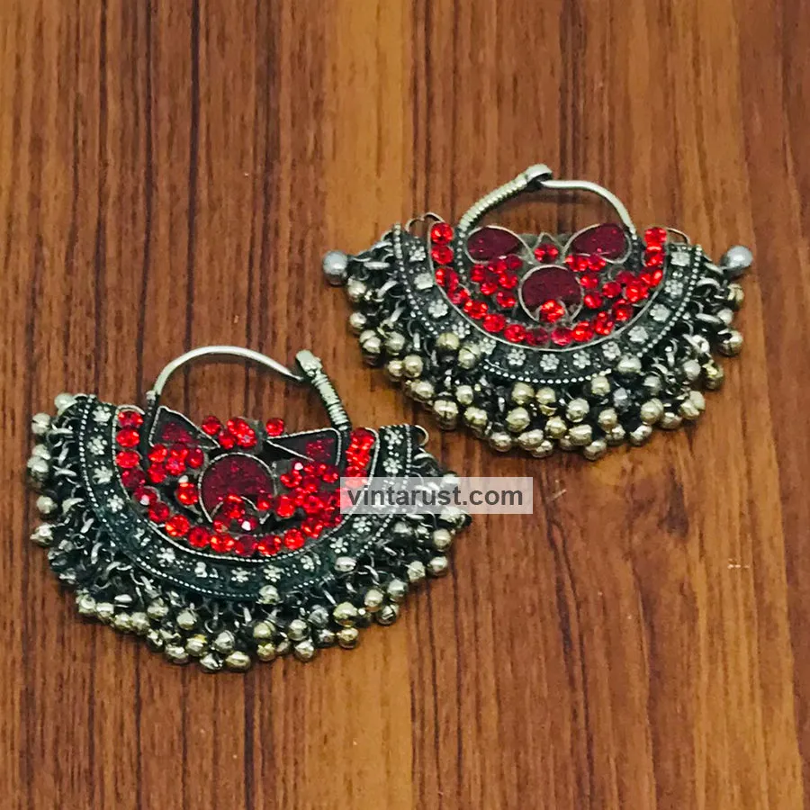 Vintage Hoop Red Glass Stone Earrings