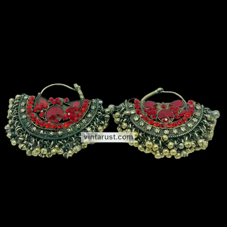 Vintage Hoop Red Glass Stone Earrings