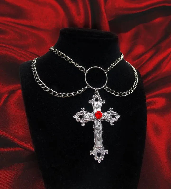 Y2k red diamond cross necklace